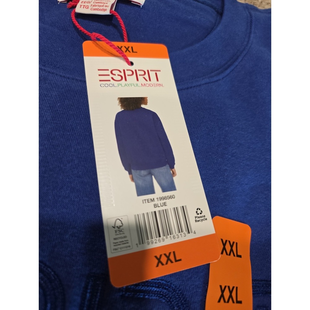 Esprit Women's XXL Blue Cotton Fleece Crewneck Logo Pullover Sweatshirt - Picture 2 of 6
